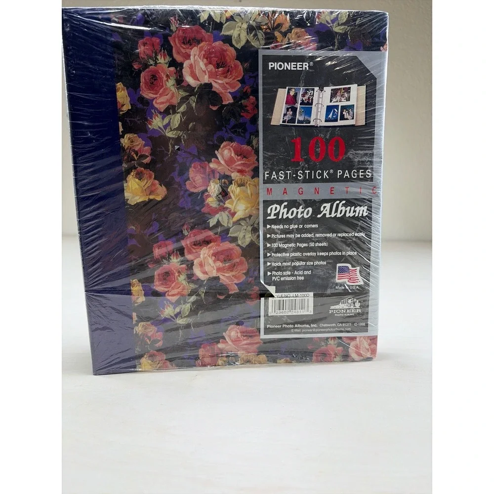 Vintage Pioneer Photo Album 100 Fast-Stick Pages Floral Rose Navy Blue LM-100